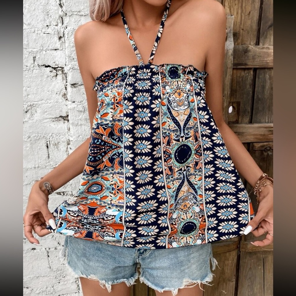 Boho floral print tie back halter top_3
